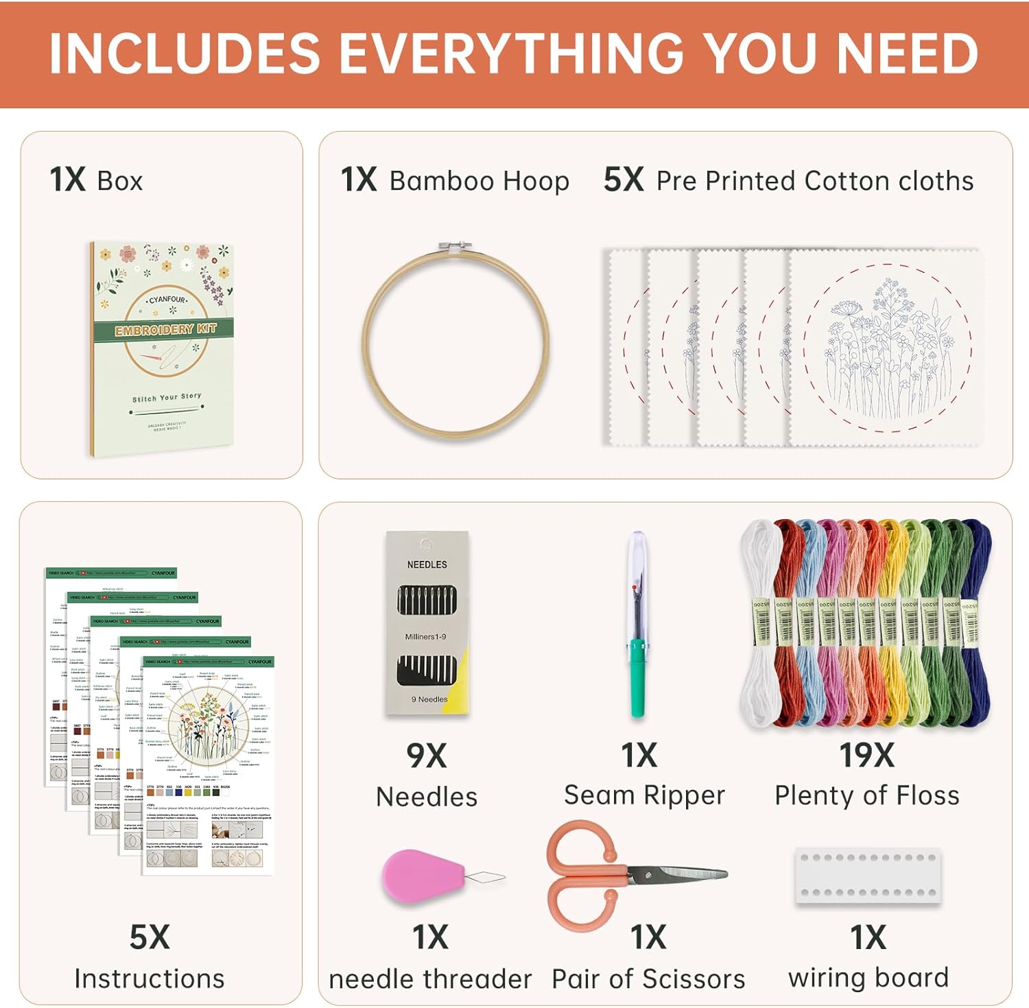 CYANFOUR Embroidery Kit for Beginners, 4 Stages to Learn 38 Stitches, with Step-By-Step Instructions and Clear Videos, Includes Multiple Accessories, Gift for Craft Lovers image 2